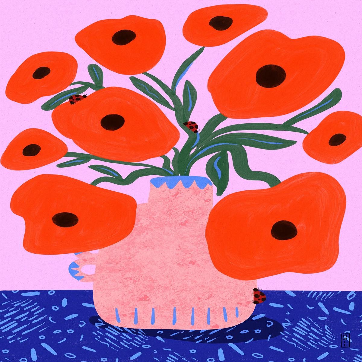 Red Poppies and Ladybirds Floral Illustration