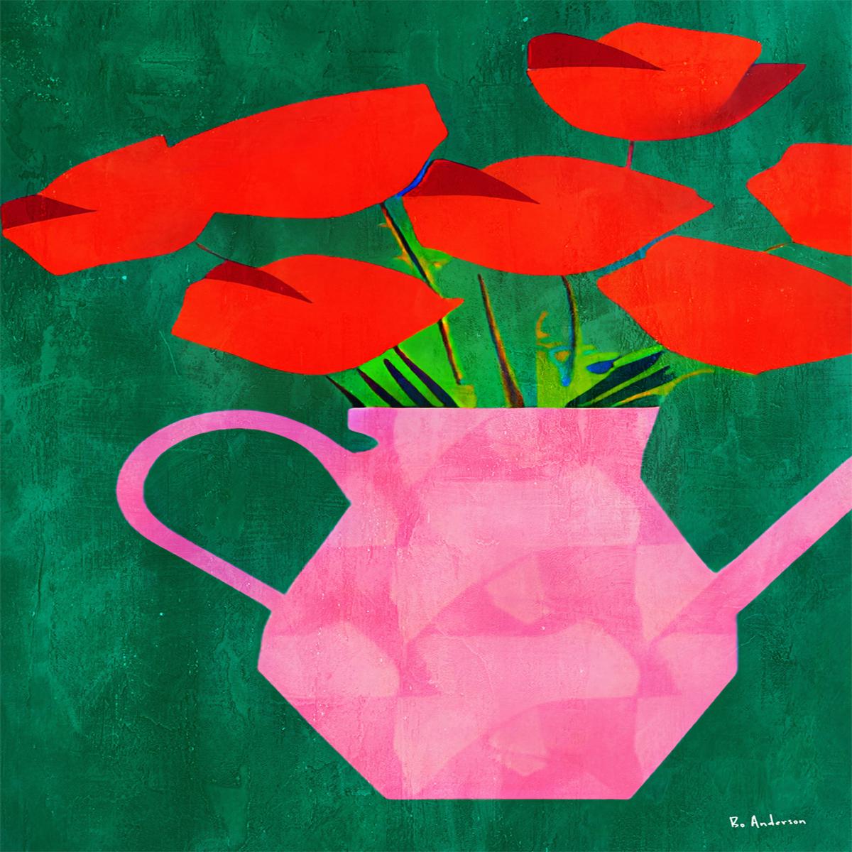 Red Poppies In A Pink Vase