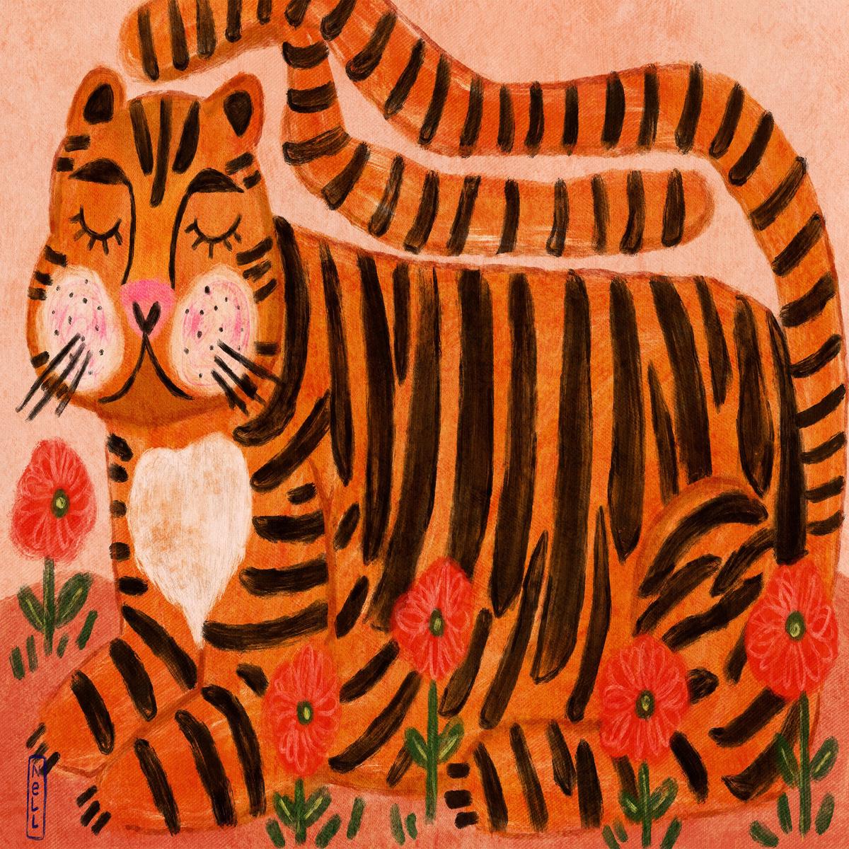 Sleeping Tiger in a Flower Garden