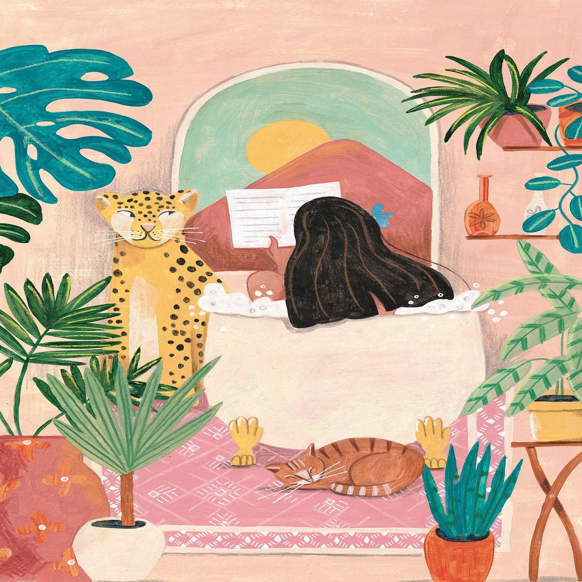 Woman taking bath in pink tropical bathroom