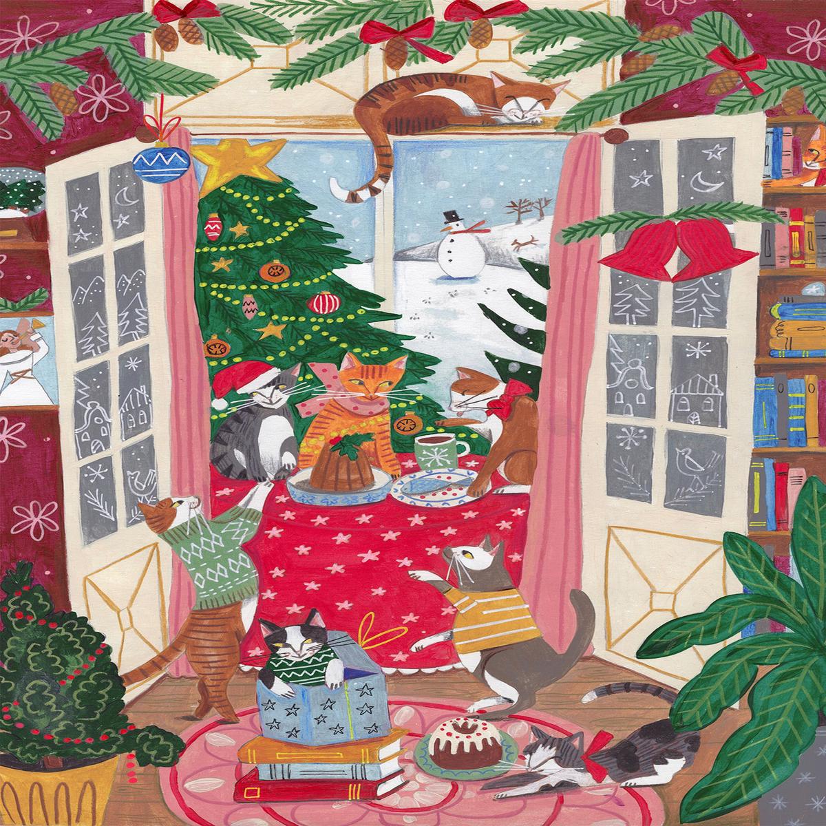 Cats in the Window at a Snowy Christmas in Bright Colours