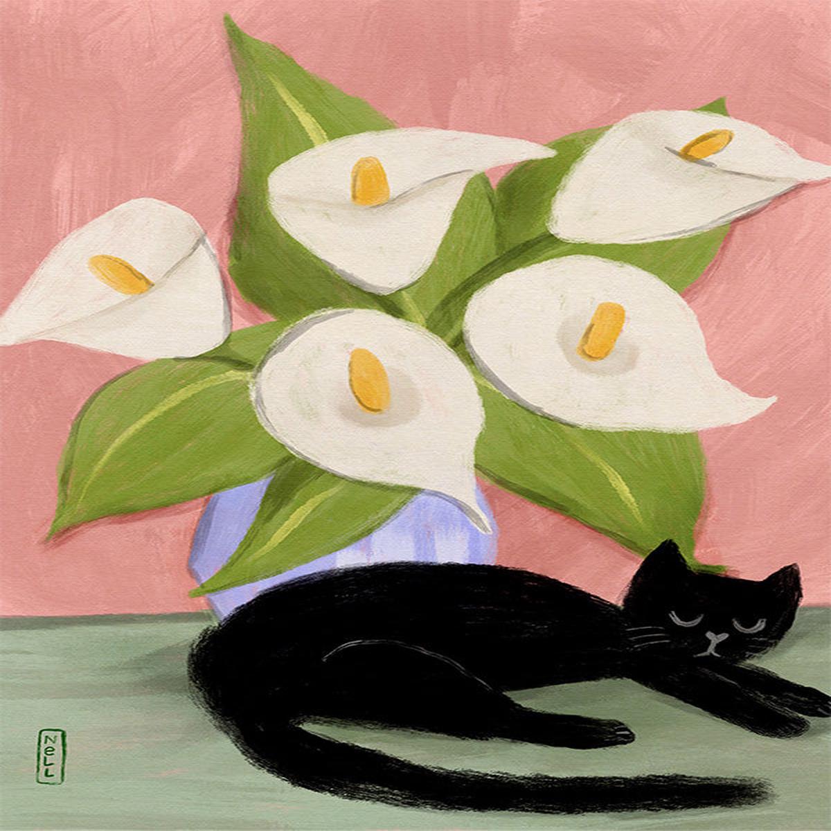 Lilies in a Vase and a black cat