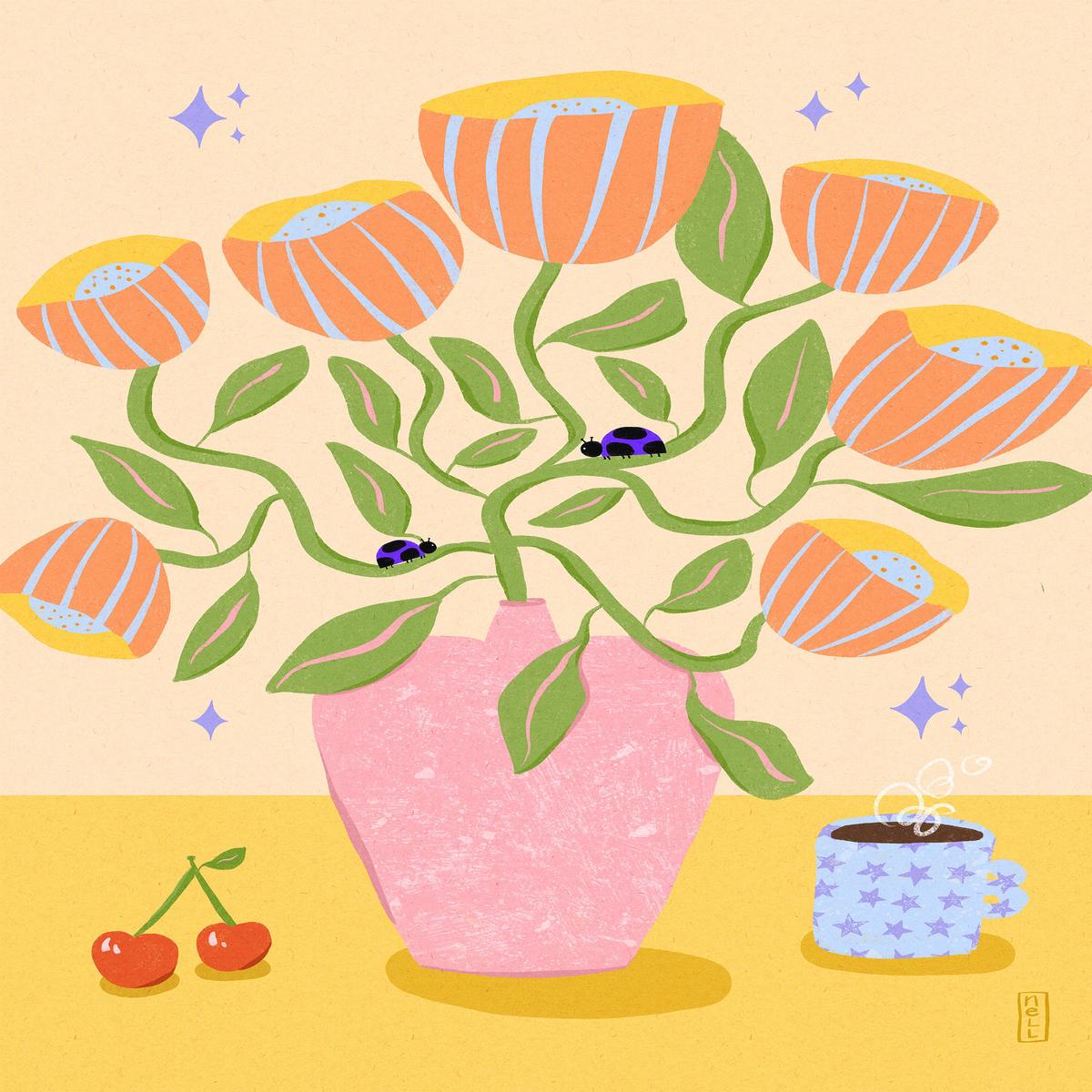 Retro Bell Flowers in a Vase Illustration