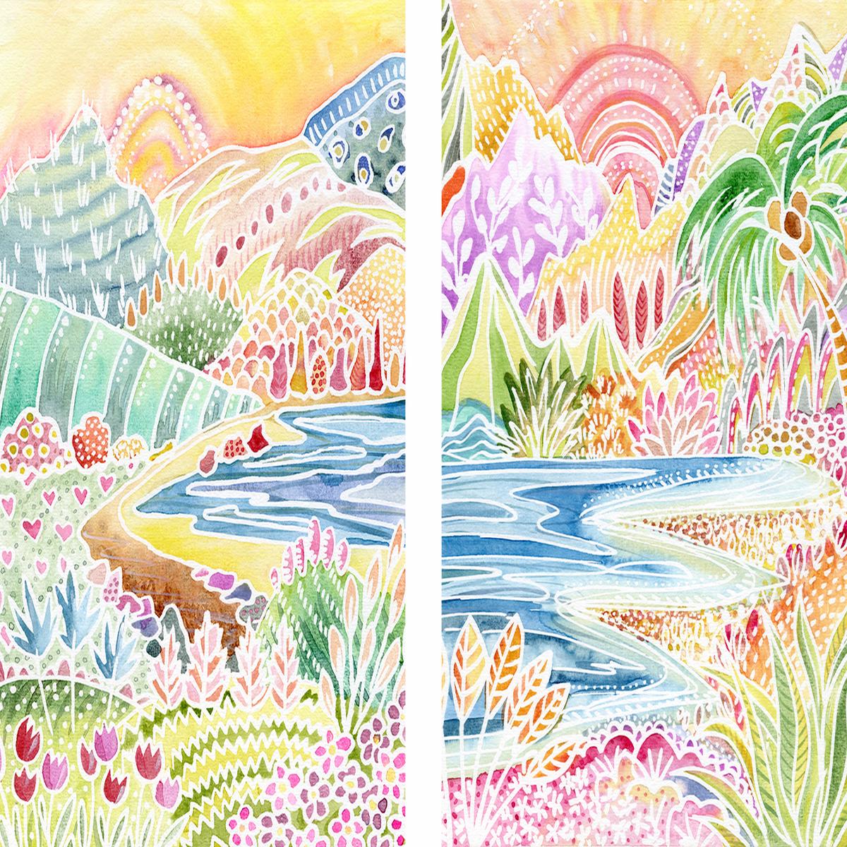 Colourful Landscape, Style A & B, Set Of 2