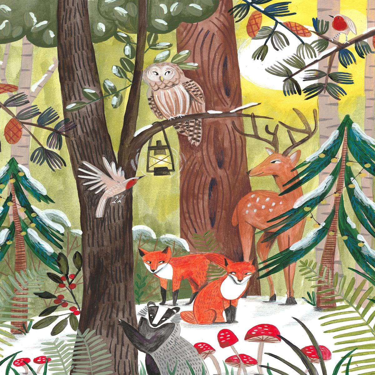 Green Christmas forest with animals