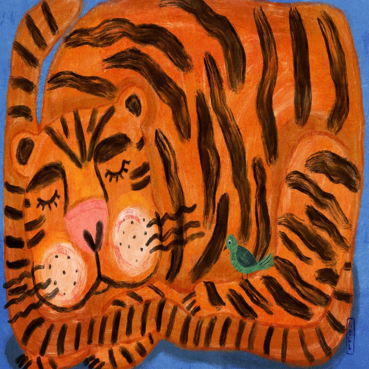 Sleeping Tiger and a Bird Animal Friends