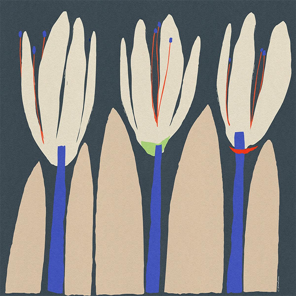 Three Flowers On Dark Blue