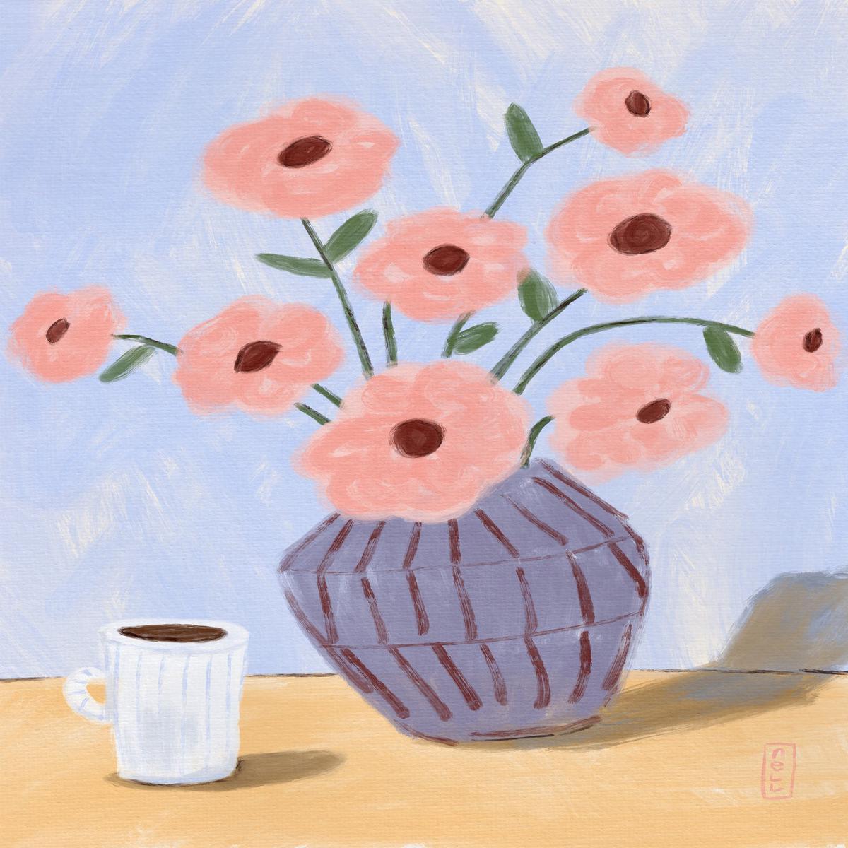 Coffee and Flowers Simple Still Life Painting