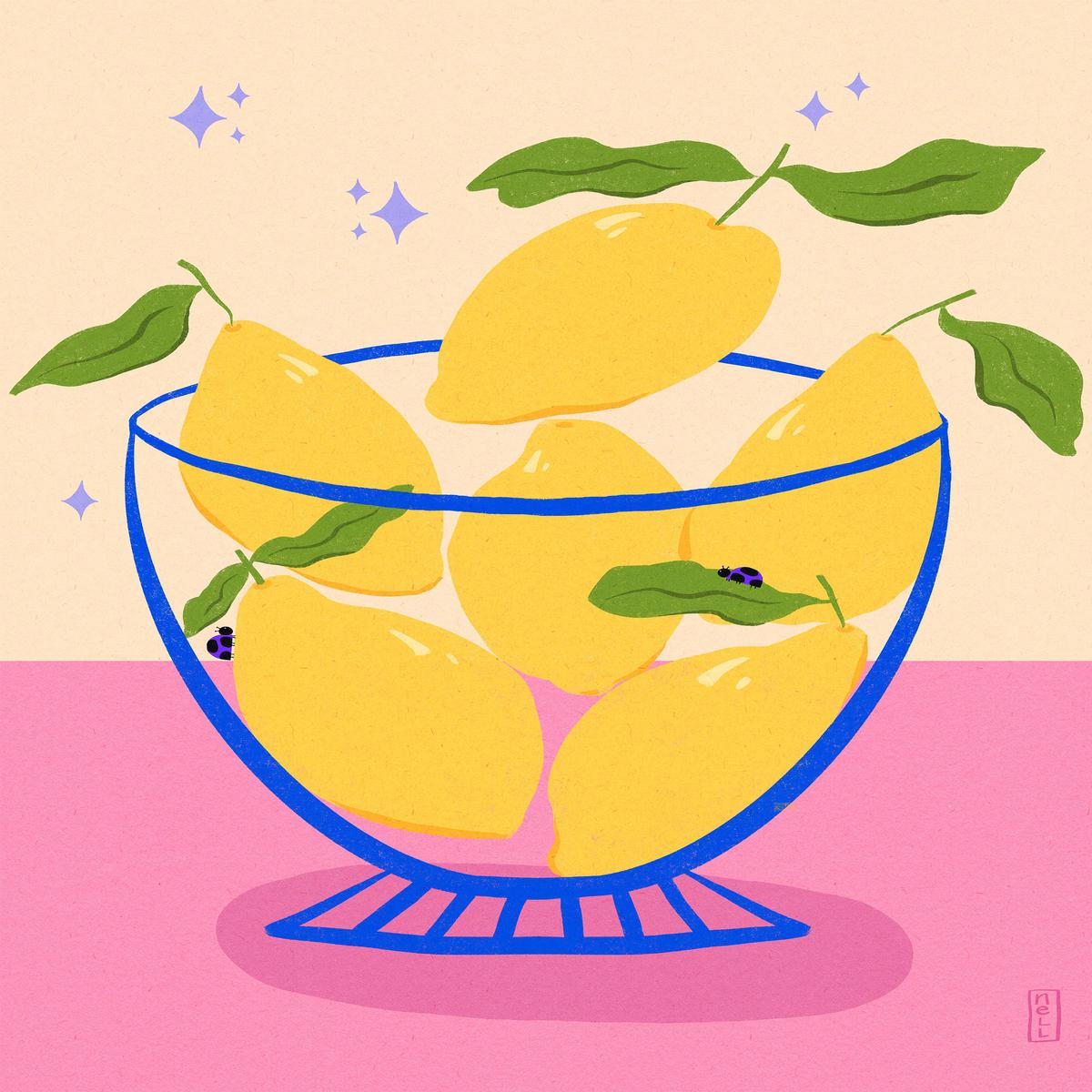 Lemons in a Bowl Retro Illustration