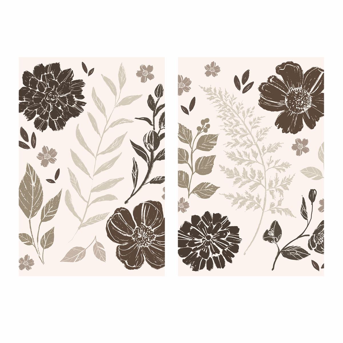 Flower Feast, Brown v2, Style A & B, Set Of 2