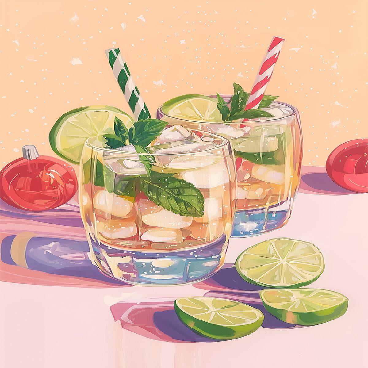 Mojito Summer Cocktails with Lime and Mint Prints