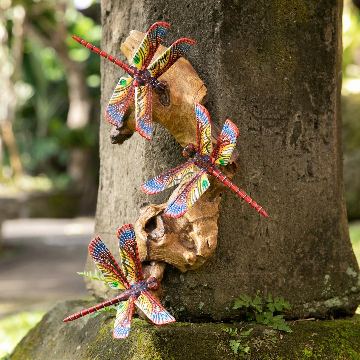 Wood Wall Art with Hand-Painted Dragonfly Motifs from Bali - Crimson Dragonfly