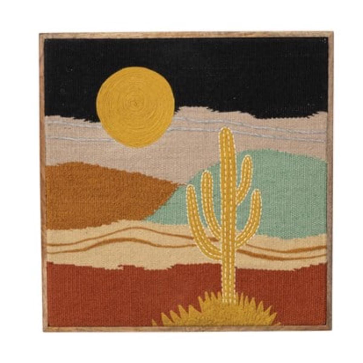 Wood Framed Woven Cotton Blend Embroidered Wall Decor