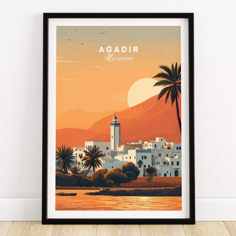 Agadir Travel Poster  Moroccan Mosque and Desert Sunset Art