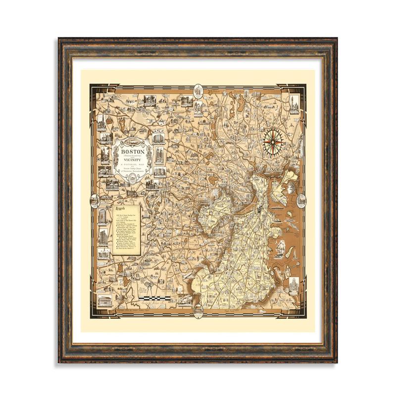 Boston Pictorial Map - 1938 Archival Print | Vintage City Poster on Sunset Photo Paper