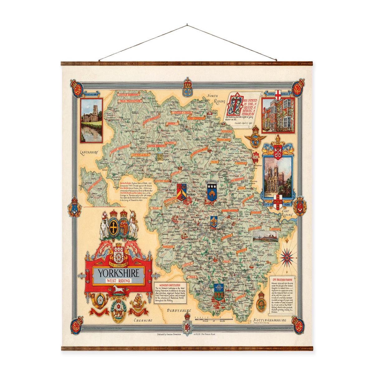 Yorkshire Map Canvas  1946 Vintage Canvas Map | Hand Restored Antique Print