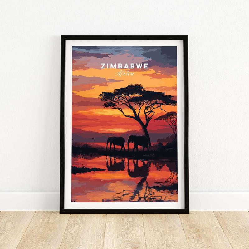 Zimbabwe Travel Poster - African Elephant Print - Vibrant Sunset Home Decor