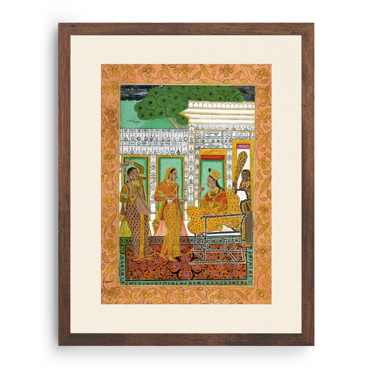 Zenana Woman drinking wine with attendants, Mughal Miniature Paintings