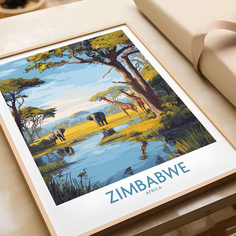 Zimbabwe Poster - African Safari Wall Art - Giraffe and Elephant Print